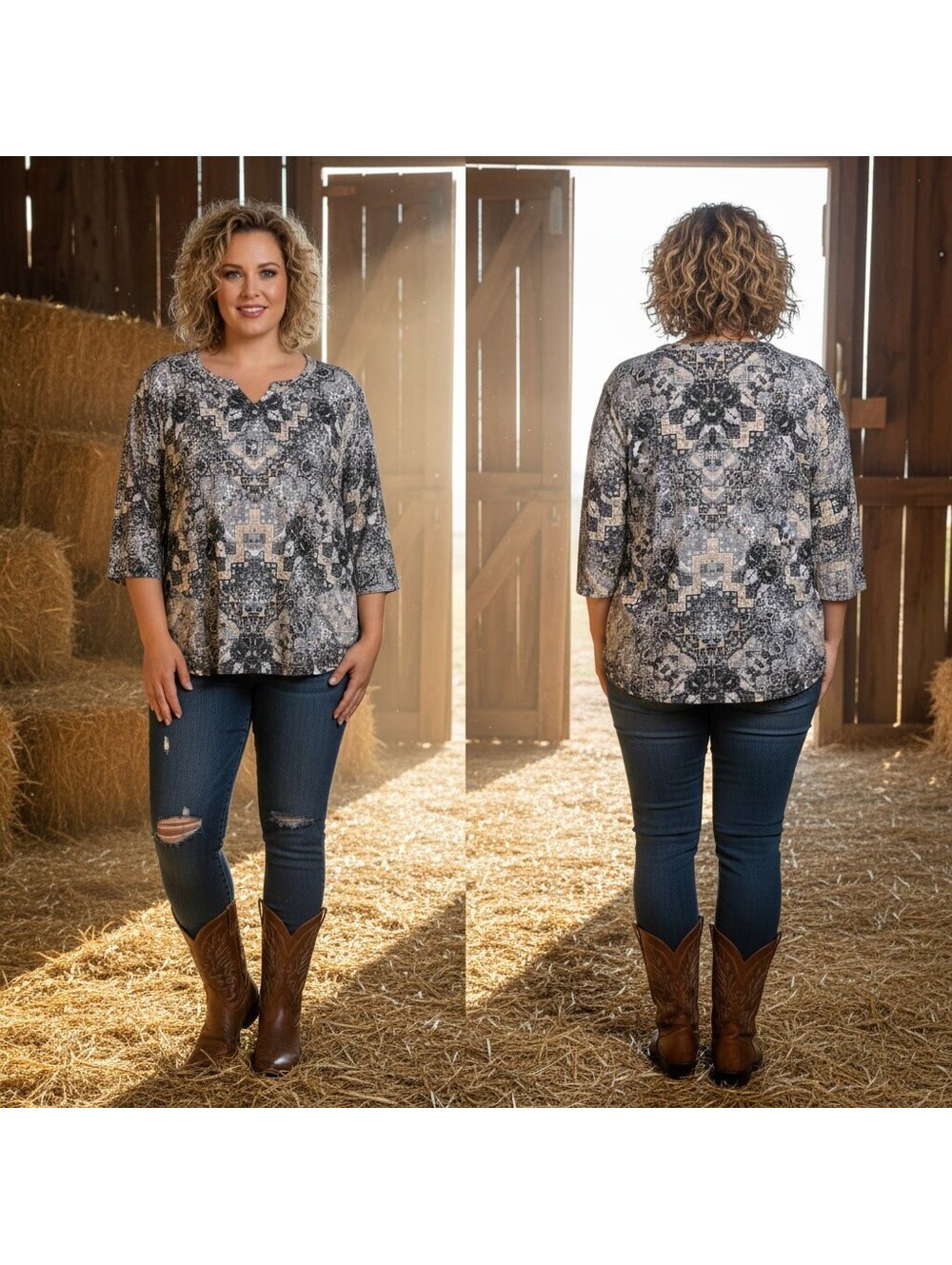 Southern Lady Women's 3X Black and Beige Patterned Button-Up Blouse